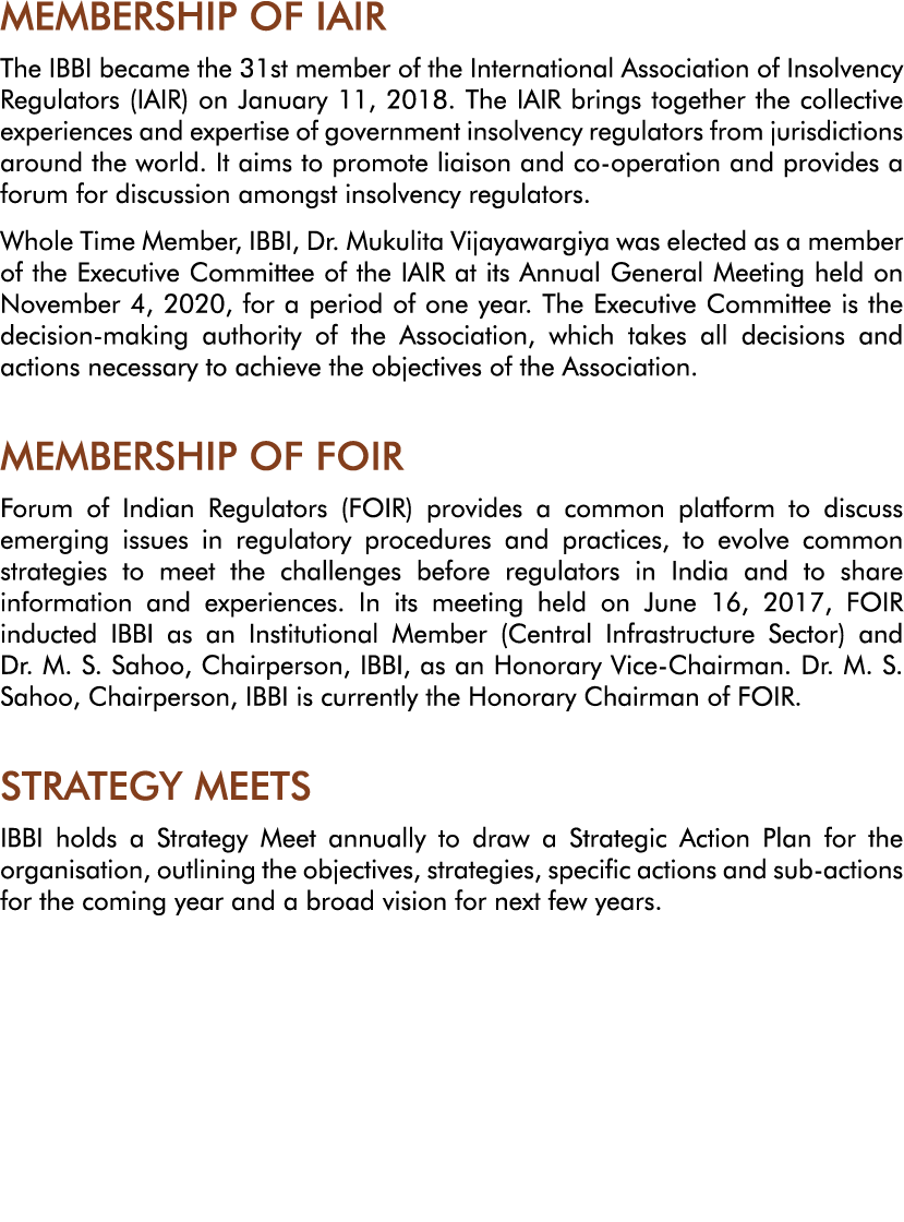 MEMBERSHIP OF IAIR The IBBI became the 31st member of the International Association of Insolvency Regulators (IAIR) o   