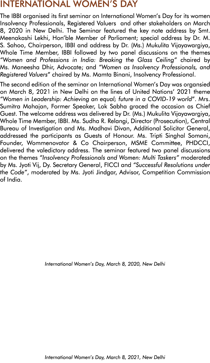 INTERNATIONAL WOMEN S DAY The IBBI organised its first seminar on International Women s Day for its women Insolvency    