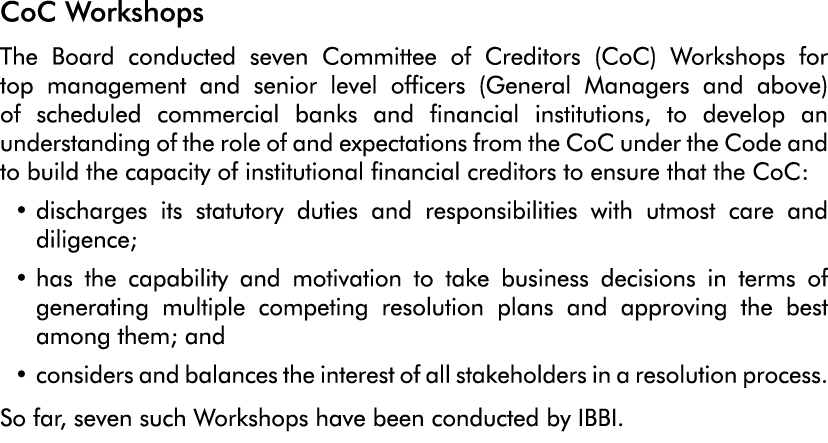 CoC Workshops The Board conducted seven Committee of Creditors (CoC) Workshops for top management and senior level of   