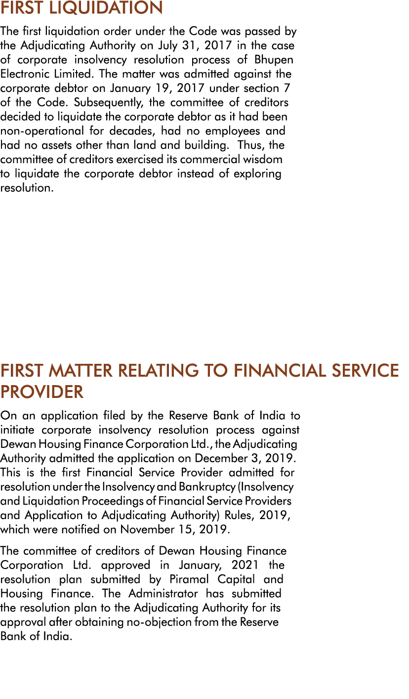 FIRST LIQUIDATION The first liquidation order under the Code was passed by the Adjudicating Authority on July 31, 201   