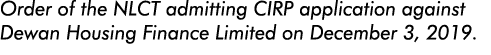 Order of the NLCT admitting CIRP application against Dewan Housing Finance Limited on December 3, 2019 