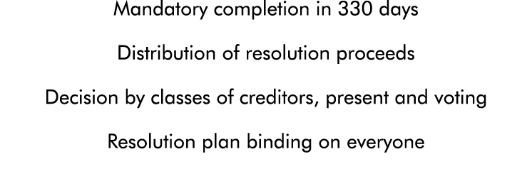 Mandatory completion in 330 days Distribution of resolution proceeds Decision by classes of creditors, present and vo   