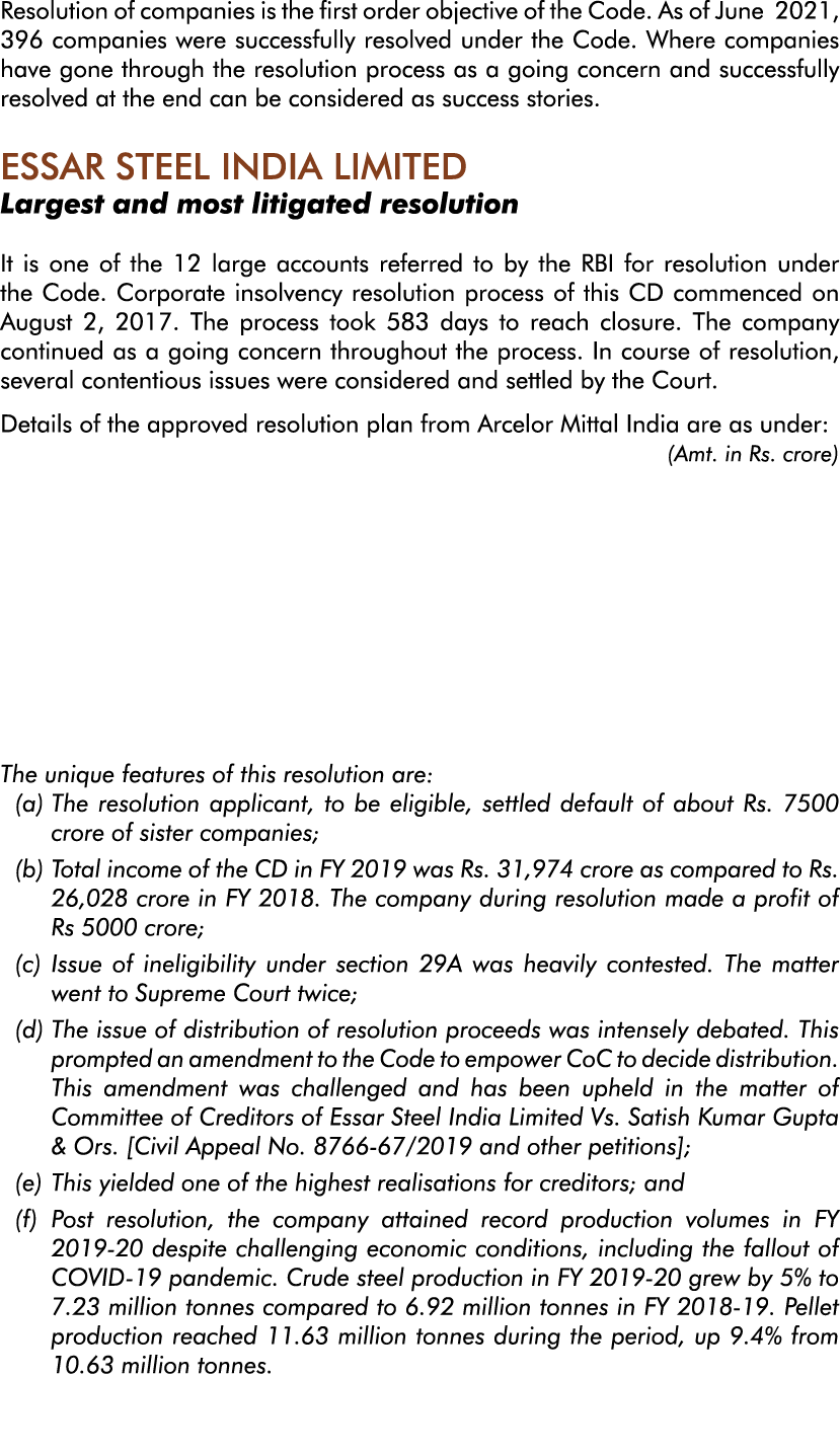 Resolution of companies is the first order objective of the Code  As of June 2021, 396 companies were successfully re   