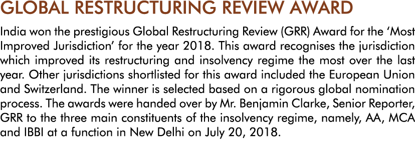 GLOBAL RESTRUCTURING REVIEW AWARD India won the prestigious Global Restructuring Review (GRR) Award for the  Most Imp   
