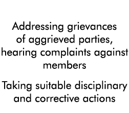 Quasi-Judicial Addressing grievances of aggrieved parties, hearing complaints against members Taking suitable discipl   