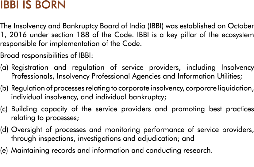 IBBI IS BORN The Insolvency and Bankruptcy Board of India (IBBI) was established on October 1, 2016 under section 188   
