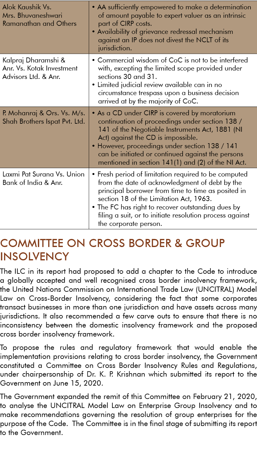   COMMITTEE ON CROSS BORDER & GROUP INSOLVENCY The ILC in its report had proposed to add a chapter to the Code to int   
